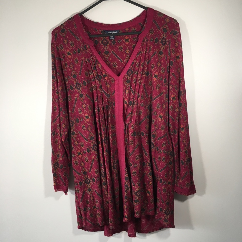 Lucky Brand Red Patterned V-Neck Tunic